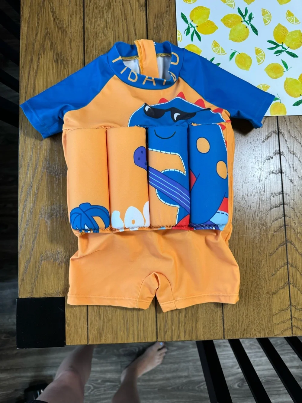 Kids Orange & Blue Swim Float Suit with Dino Graphic